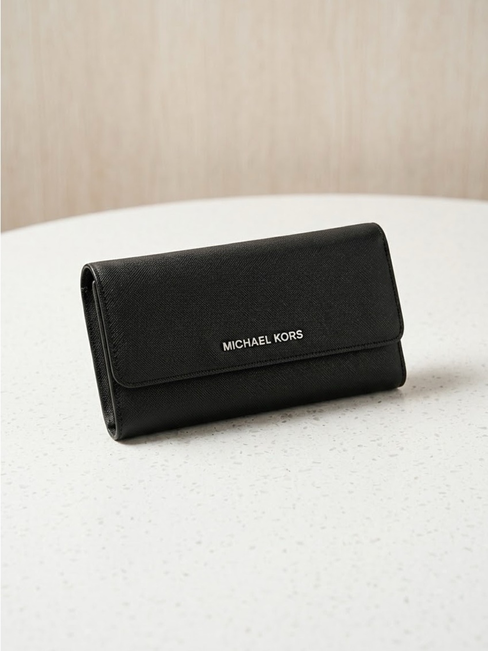 MICHAEL KORS Black Saffiano Leather Jet Set Large Flap Continental Wallet Silver